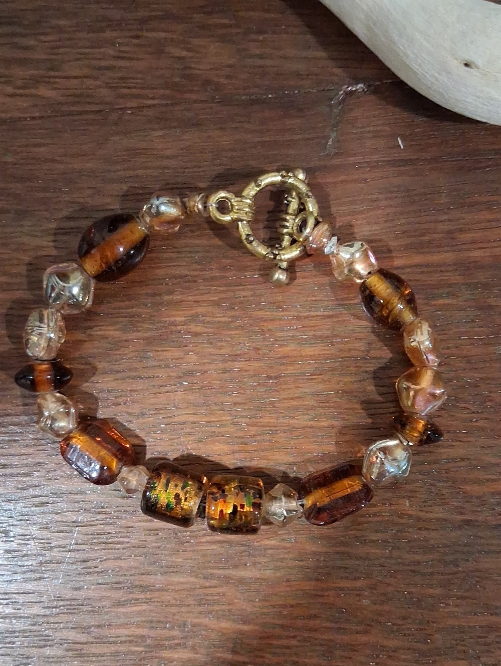 Amber Glass Bead Bracelet - Gold Toggle Closure